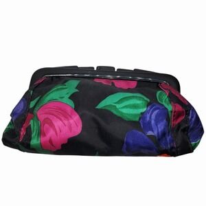 Vintage 90s Floral Evening Clutch Black Satin Kiss Lock Hard Frame Purse